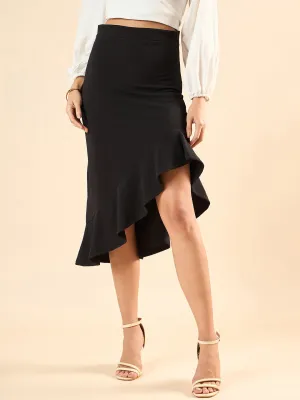 Style Quotient Women Solid Black Polyknit Regular Fit Smart Casual Asymmetric Skirt