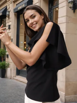 Style Quotient Women Solid Black Polyknit Semi Formal Top