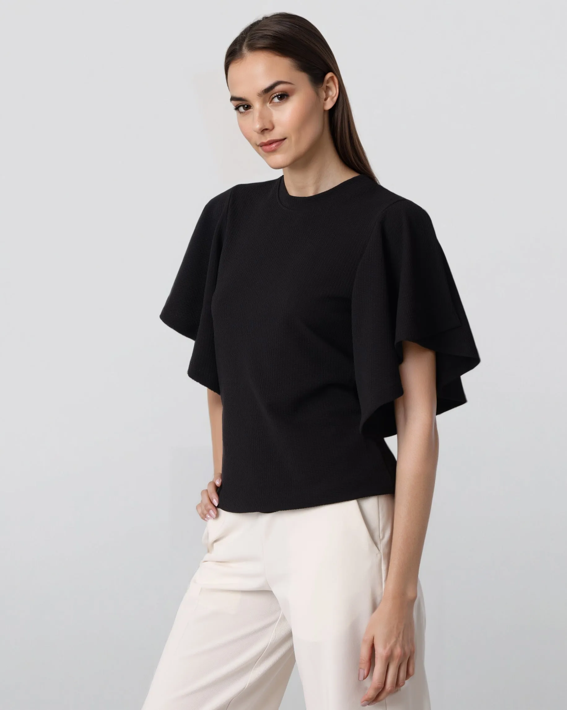 Style Quotient Women Solid Black Polyknit Semi Formal Top