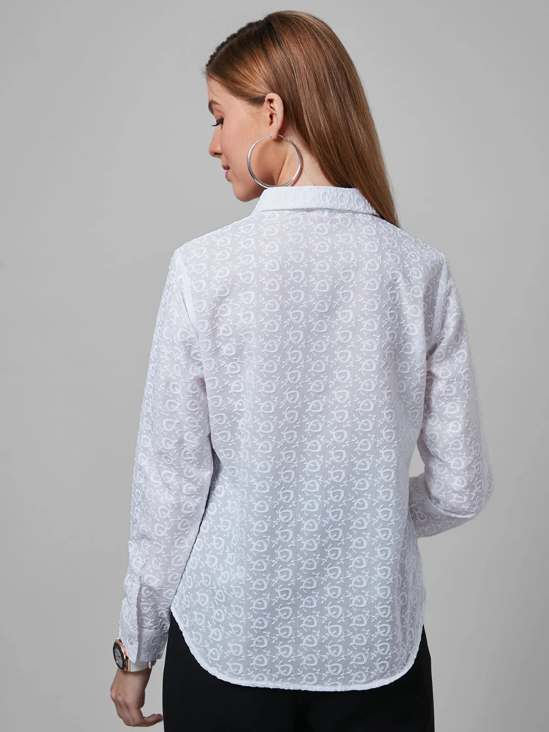 Style Quotient Women White Schiffli Cotton Regular Formal Shirt