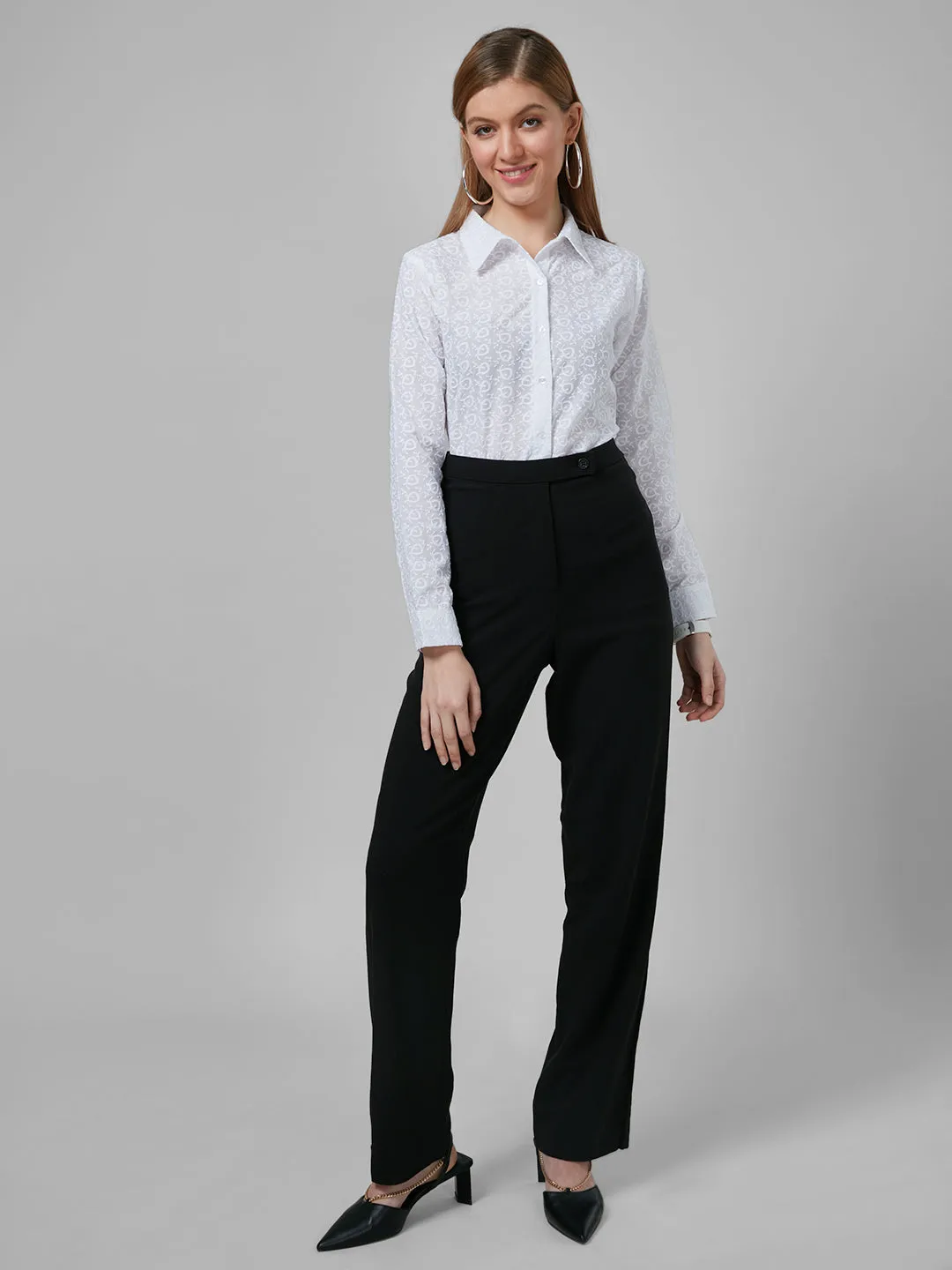 Style Quotient Women White Schiffli Cotton Regular Formal Shirt